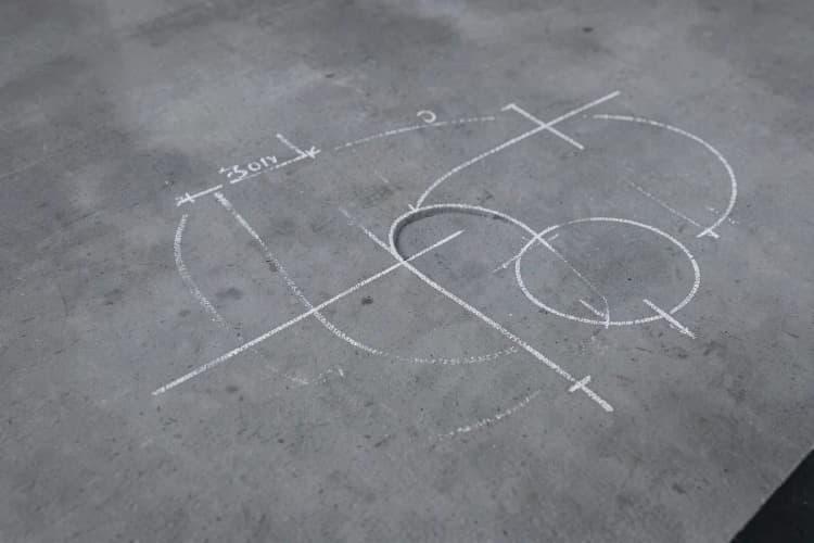 Planejamento de um furo em concreto com marcações e medidas.