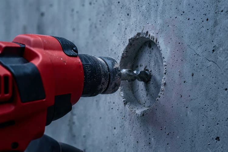 Processo de perfuração de concreto com uma furadeira de diamante, mostrando a broca em ação.