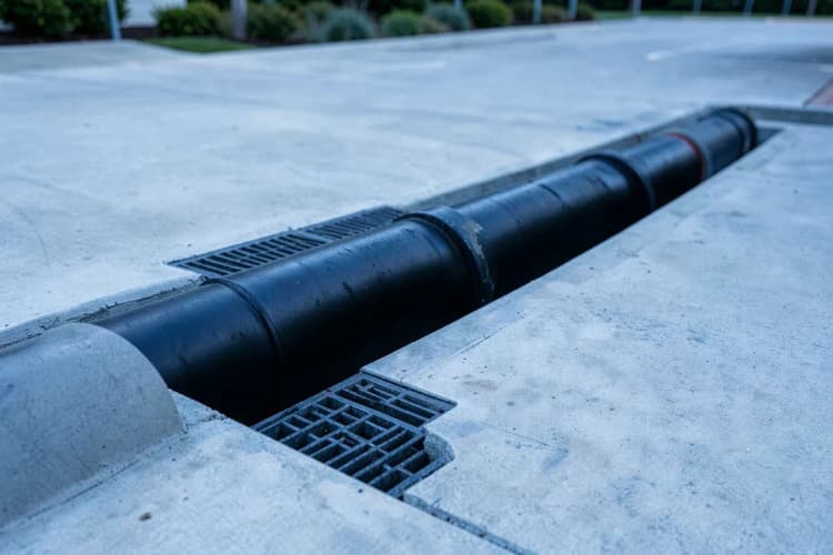 Sistema de drenagem de concreto com tubos e grelhas expostos, pronto para uso.