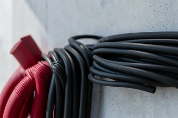 Diversos tipos de tubulações elétricas, como eletrodutos flexíveis e rígidos, ao lado de uma parede de concreto.