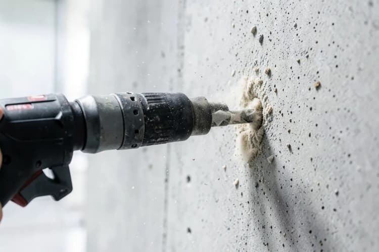Trabalhador utilizando furadeira para criar passagem em concreto para fiação elétrica.
