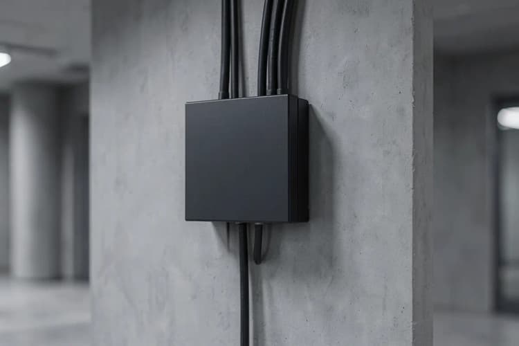 Caixa de disjuntores instalada em uma parede de concreto, com cabos elétricos organizados.